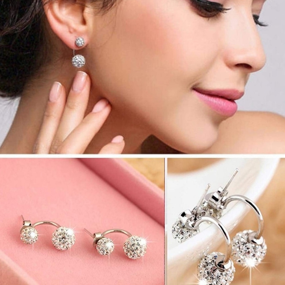Silver Double Beaded Crystal Stud Earrings